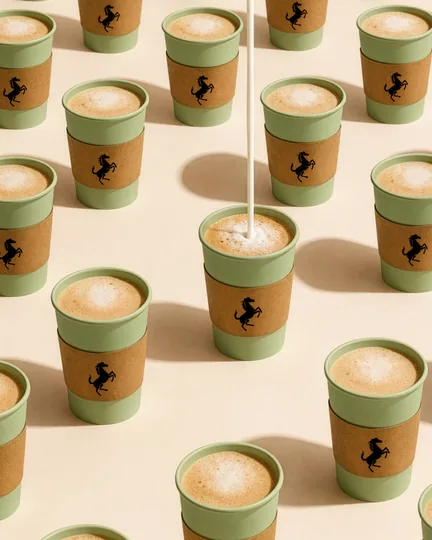Takeaway coffees in green cups with black horse sleeves, milk pouring into one