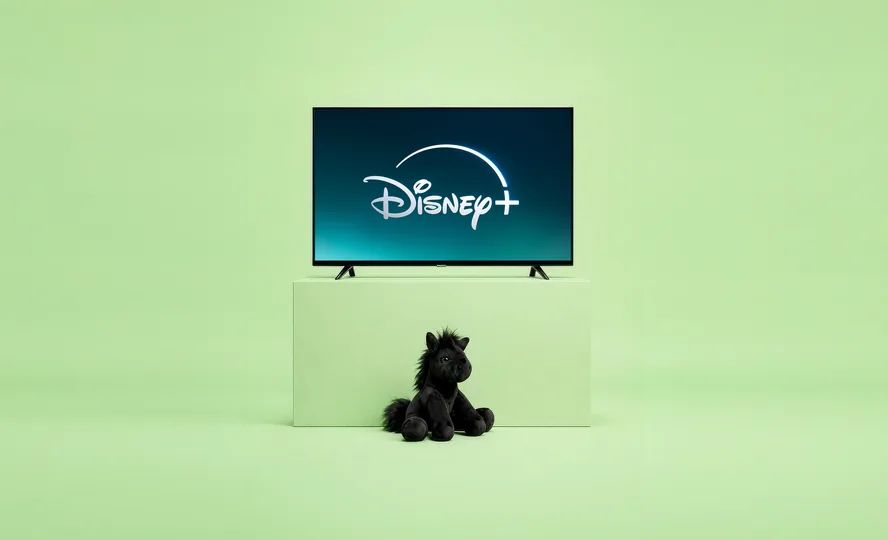 A TV showing the Disney+ logo above a plush black horse on a green set