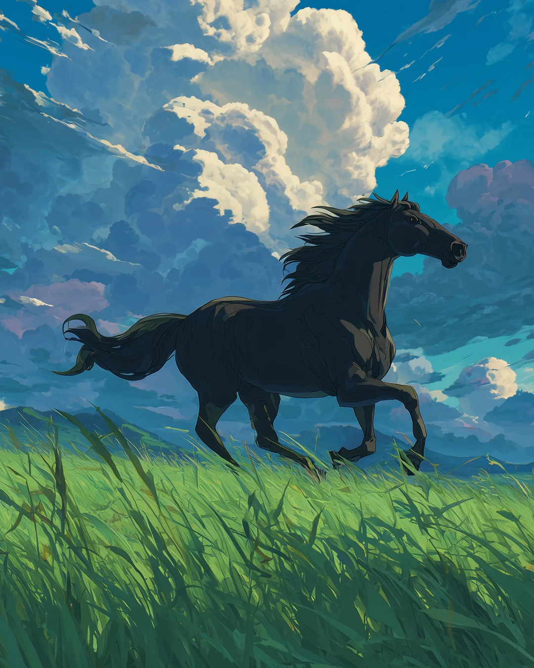 Initial AI concept: a black horse galloping through long grass under towering clouds