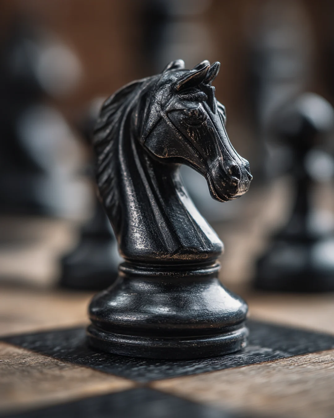 Initial AI concept: a black knight chess piece in close-up on a chessboard