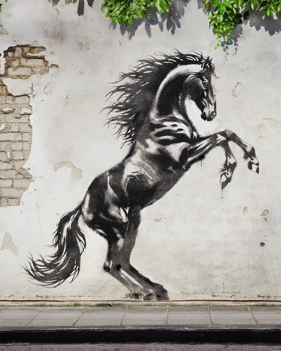 Final AI image: the rearing black horse mural on a white wall beneath trailing ivy