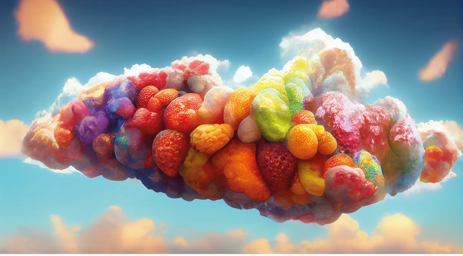 Midjourney concept: a cloud made of fruit floating in a blue sky