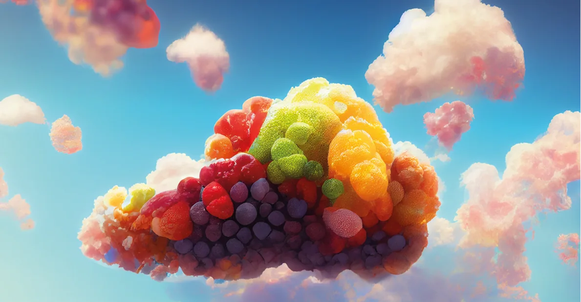 Midjourney concept: a fruit cloud of grapes, berries and citrus among pink clouds