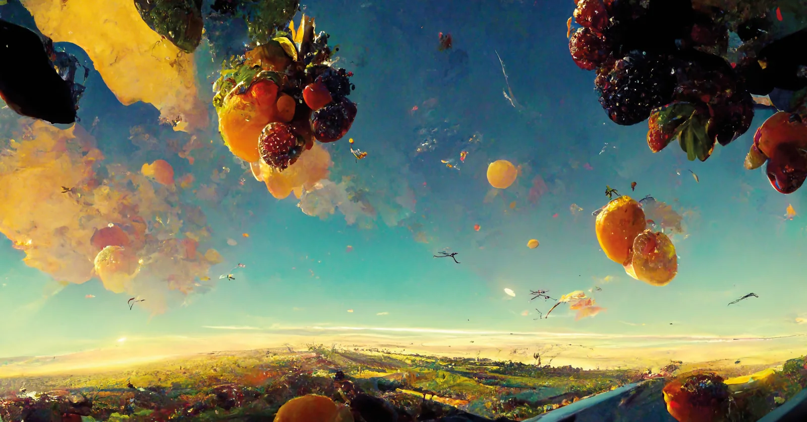 Midjourney concept: fruit tumbling through the sky over green fields